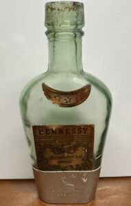 Antique Liquor Bottle J.A.S Hennessy Cognac w/ Tin Engraved Shot Cup Base Empty