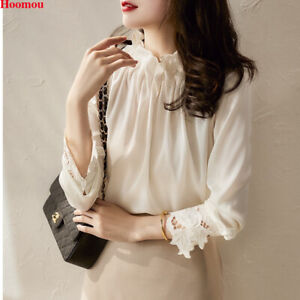 Korean Women Pleated Ruched Stand Collar Crochet Chiffon Work Blouse Shirts Tops