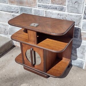 Vintage Wood Art Deco Smoking Cabinet Stand w/ Round Mirror, Shelves, Ash Tray