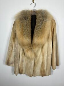 Elegant Sheared MINK fur jacket with FOX fur collar light brown Large coat