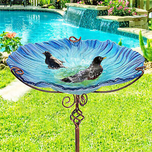 Bird Bath Outdoor Garden Glass Birdbath Fountain Freestanding Bowl Birdfeeder