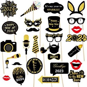 Gold Happy New Year Photo Booth Props 28Pcs, 2024 Golden New Year Party Pose ...