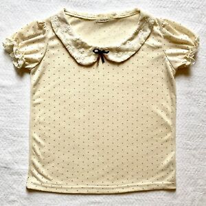 Coquette top w/ lace collar & small bow, beige micro dot, small, by Fen Dai Er