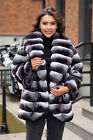 Women Chinchilla Full Pelt Real Rex Rabbit Fur Coat Thick Jacket Stripe Overcoat