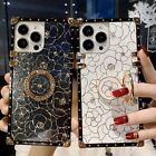 Bling Glitter Gold Flower Square Case w/Ring for iPhone 14 13 12 11 15 Pro Max X