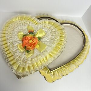 Vintage MCM Large Heart Shaped Valentines Candy Box Yellow Floral Fabric 18”