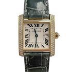 Cartier Tank Francaise 2466 18k Gold Diamond Bezel Green Strap Watch BOX PAPERS