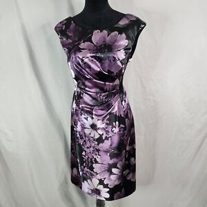 CONNECTED APPAREL Size 10 Purple Black Satin Floral Ruched Pleated Sheath Dress