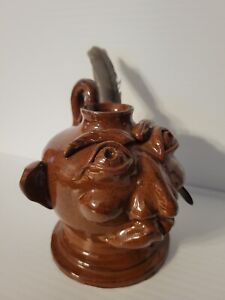 Vintage Redware Studio Pottery Face Jug of Native American character - signed 04