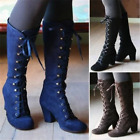 Women's Knee High Boots Steampunk Gothic Retro Block Heels Shoes Lace Up Booties