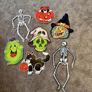 Vintage Halloween Die Cut Decoration Lot of 7 Witch, Skeletons, Cat, Pumpkins