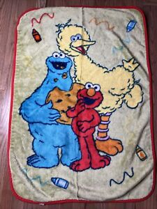 Vintage Sesame Street Big Bird Grover And Elmo Soft Fleece Baby Blanket 28x41