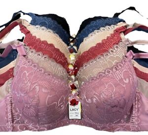 Lot 6 pcs Full Cup Wide Strap Lace Light Padded 3 Hook Bra 99012 BC