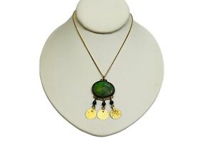 Vintage Necklace Gold Tone w/ Green Oval Cabochon Pendant Round Coin Accents 20