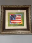 New ListingPeter Max Mixed Media Painting FLAG WITH HEARTS