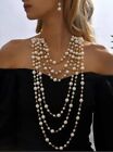 Long White Gold Big Pearl Multi Strand Layered Bead Chunky Jewelry Necklace Set