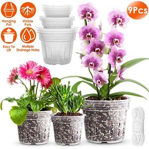 9 Pack Orchid Pots with Holes Clear Plastic Flower Plant Pot 4.8in/5.5 in/6.3 in