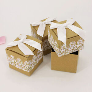 10/50/100 Square Lace Bowknot Wedding Favour Party Paper Candy Sweet Gift Boxes