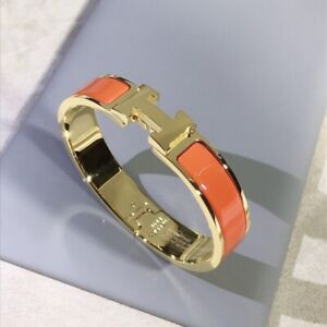 HERMES Paris Orange Enamel Gold Color H Clic Clac Bangle Bracelet