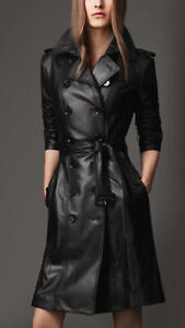 Women Black Genuine Real Leather Knee Length Trench Coat Jacket