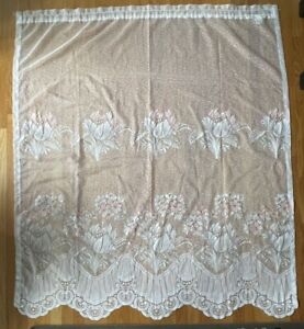 Vintage Lace Curtain Panel White Light Pink Floral Scalloped 55x65 Made In USA