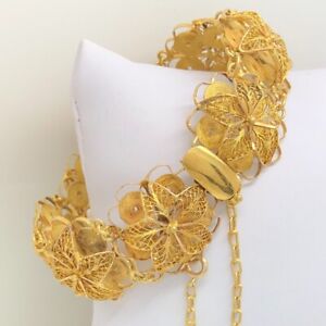 18K Solid Yellow Gold Flower Floral Filigree Bracelet 7.25 Inches Vintage Estate