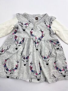 Tea Collection Dress 6-9 Months Gray Deer  Long Sleeve Sleeve Baby Girl