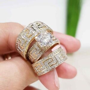 3Ct Round Simulated Diamond His Her Trio Wedding Ring Set 14k Yellow Gold Plated
