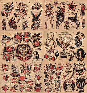 Sailor Jerry Traditional Vintage Style Tattoo Flash 6 Sheets 11x14