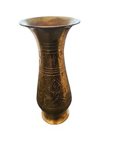 New ListingVintage Solid Brass Vase Etched Floral Leaf Design 7.5  Tall India Metalware