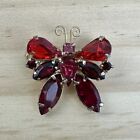 Vintage Red Butterfly Brooch Pin Rhinestone Prong Set Red