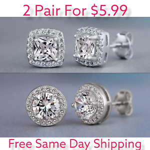 2Pair Silver Plated Stud Earrings With Cubic Zirconia For Men, Women, Unisex