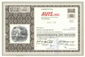 Avis, Inc - 1970's dated Car Rental Company Stock Certificate - Owner of Zipcar