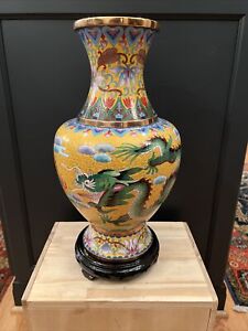 New ListingChinese Enamel Cloisonne Dragon & Bird Flowers Motif Brass Trim 16” Vase Yellow