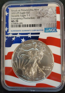 2021 (P) T-1 MS70 ERSTRUCK @ PHILA EMERGENCY ISSUE SILVER EAGLE LABEL FLAG CORE