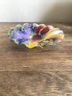 Signed Wm McGrath Scalloped Glass Bowl with Painted Fruit 7” D. Beautiful