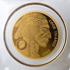 2021 Cook Islands $5 Dollars Gold Buffalo 200mg Total Gold Weight