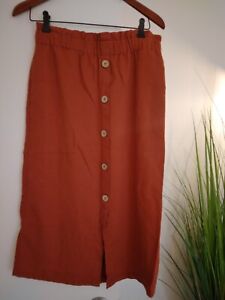 Love Tree Boho Button Rust  Linen Long Elastic Waist Maxi Skirt Pockets Medium