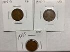 Lincoln Cent 3 Coin “S” Lot! 1914-S VG, 1915-S VF, 1917-S Vf++! Nice!