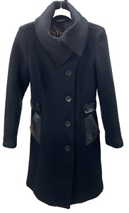 MACKAGE Black Tweed Wool Blend Leather Belted & Trim Winter Coat SZ S bloomies