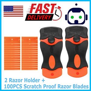 100 Pcs Plastic Razor Blades + 2 Razor Scraper Double Edged Sticker Removal Tool