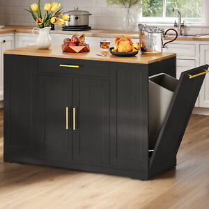 53 inch Large Rolling Kitchen Island with Trash Can Storage Cabinet Island Table
