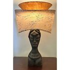 VTG WITCO Figural Carved Wood Lamp w/ Tiered Fiberglass Shade Female TIKI Bust