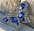 Crystal Rhinestone Butterfly Brooch Pin Royal Blue Vintage Glass Insect Big Bug
