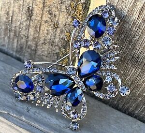 Crystal Rhinestone Butterfly Brooch Pin Royal Blue Vintage Glass Insect Big Bug