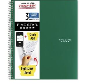 Five Star Wirebound College Ruled Notebook 3 Subject 150 Pages. Green Blck Color