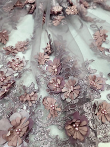 Mauve Lace 3d Floral Flowers Embroidered Pearls On Mesh Fabric Sold By The Yard