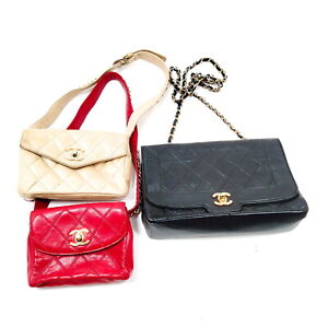 Chanel Waist Pouch Bag  Waist Pouch Shoulder Bag 3 set Black Leather 1018589