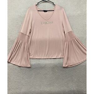 BEBE Rhinestone Logo Light Pink Flared Long Sleeve Shirt Women - Size XL