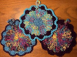 New ListingDischcloth Scrubbies TURQUOISE BLUE VIOLET Crochet Extra Large XL Scrubby Rags